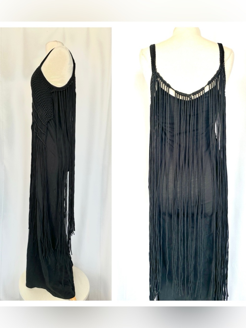 RALPH LAUREN DENIM & SUPPLY BLACK CROCHET OVERLAY LONG FRINGE BOHO MAXI DRESS M - Picture 6 of 14